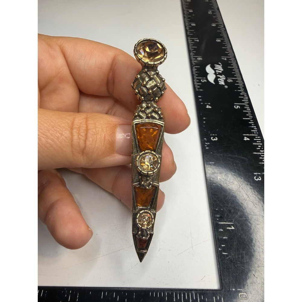 Miracle Scottish Sgian Dubh Kilt Pin Brooch Amber Rhinestone Celtic Dagger Gold
